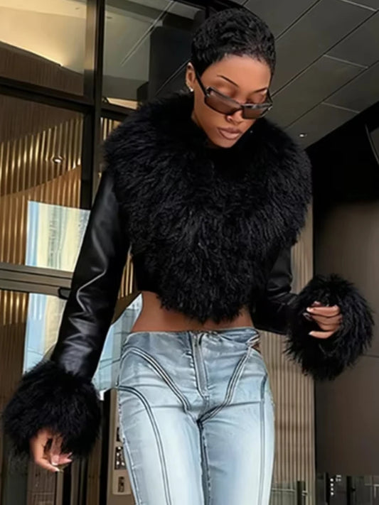 Nibber Wild Coats Woman Furry Tassel Decoration Autumn Trend Low-Neck Full Sleeve Navel Exposed High Street Style Classic Tops