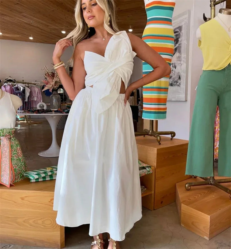 Draped Big Bow Strapless Party Long