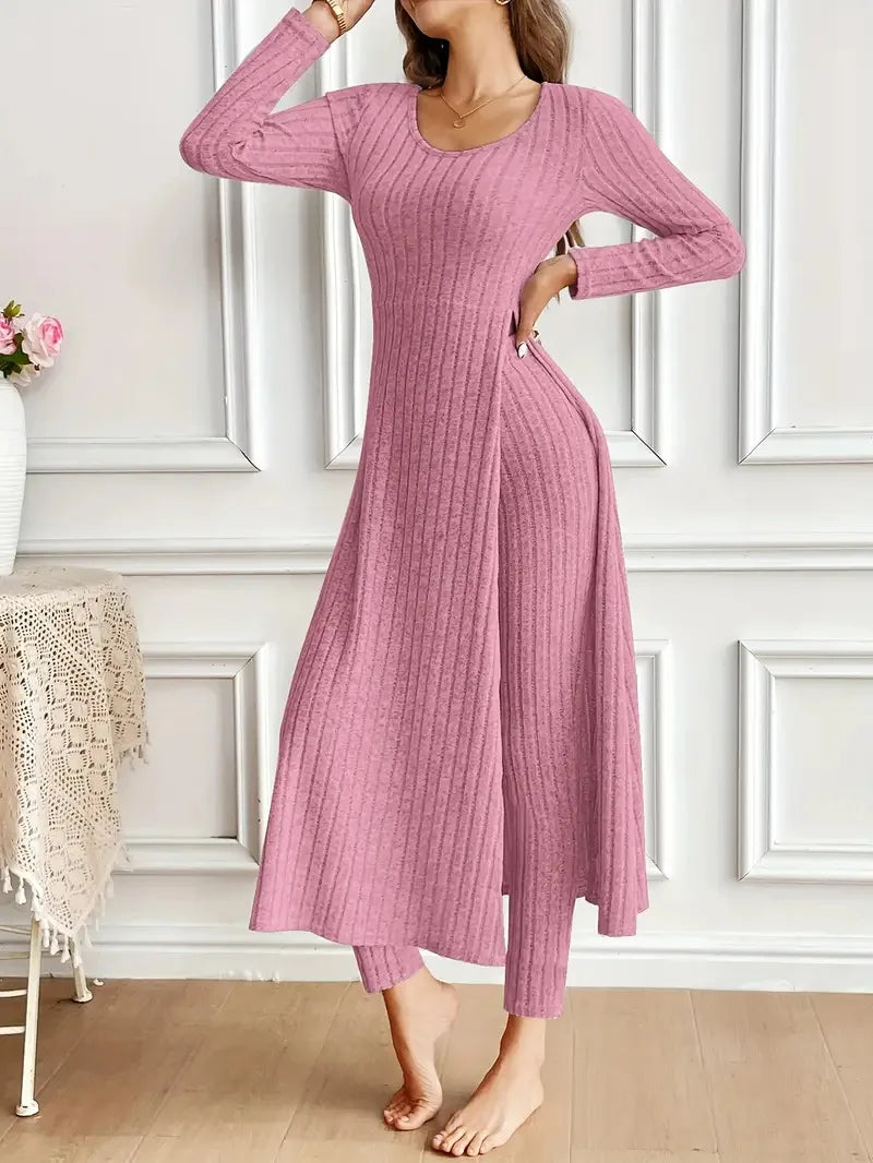 Solid Round Collar Slit Top and Trousers Set