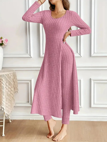 Solid Round Collar Slit Top and Trousers Set