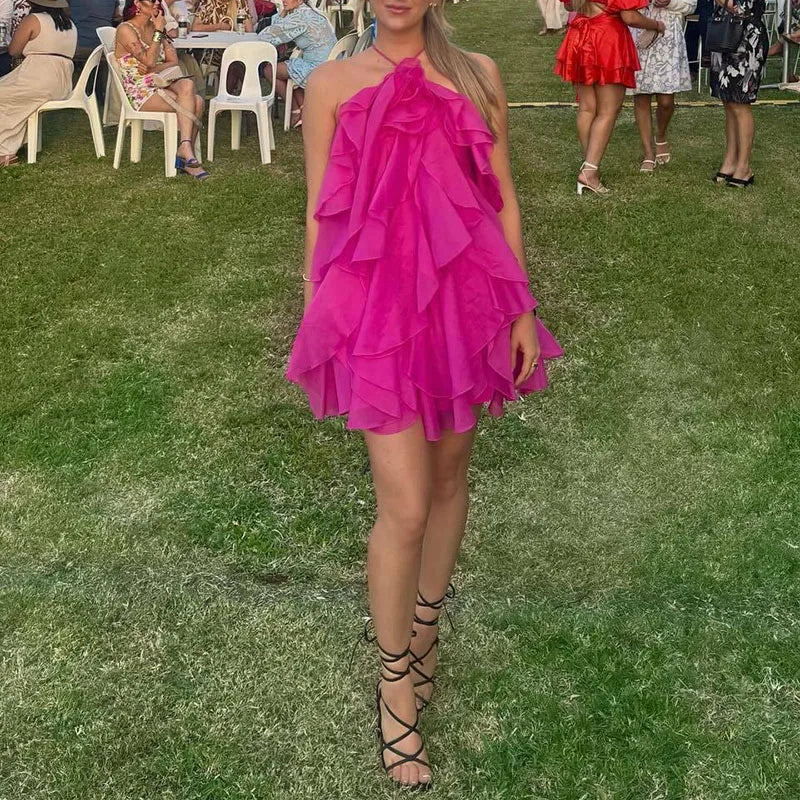 Halter Ruffle Edge Swing Maxi Dress