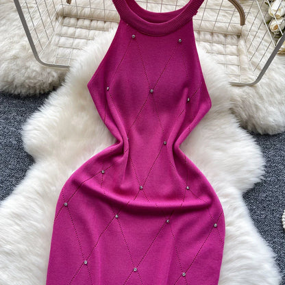 Beaded Halter Knit Bodycon Mini Dress