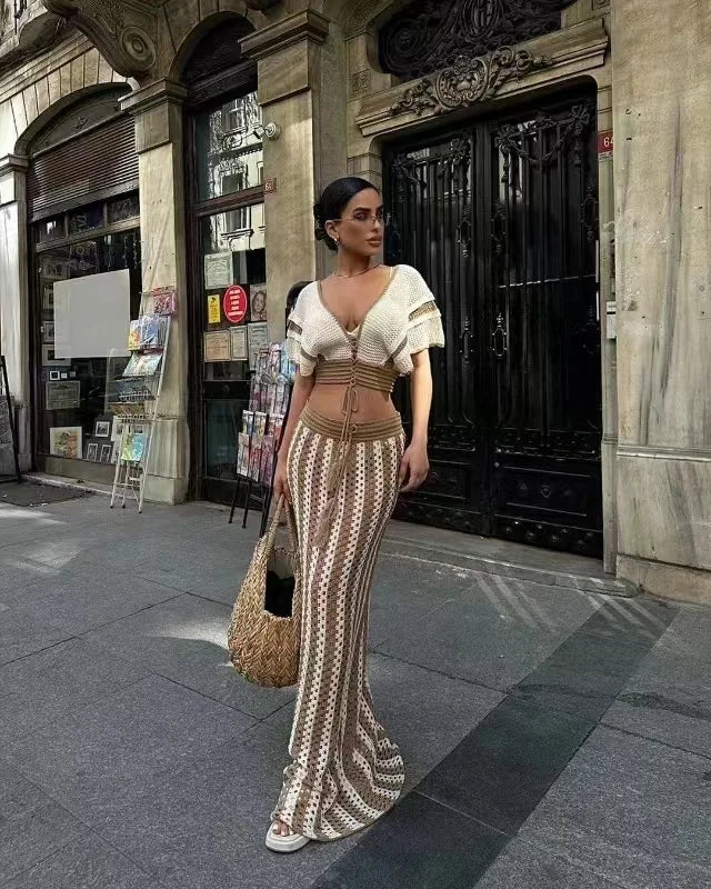 Knitted Hollow-Out Top & Skirt Set
