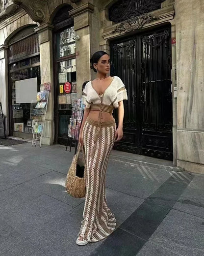 Knitted Hollow-Out Top & Skirt Set