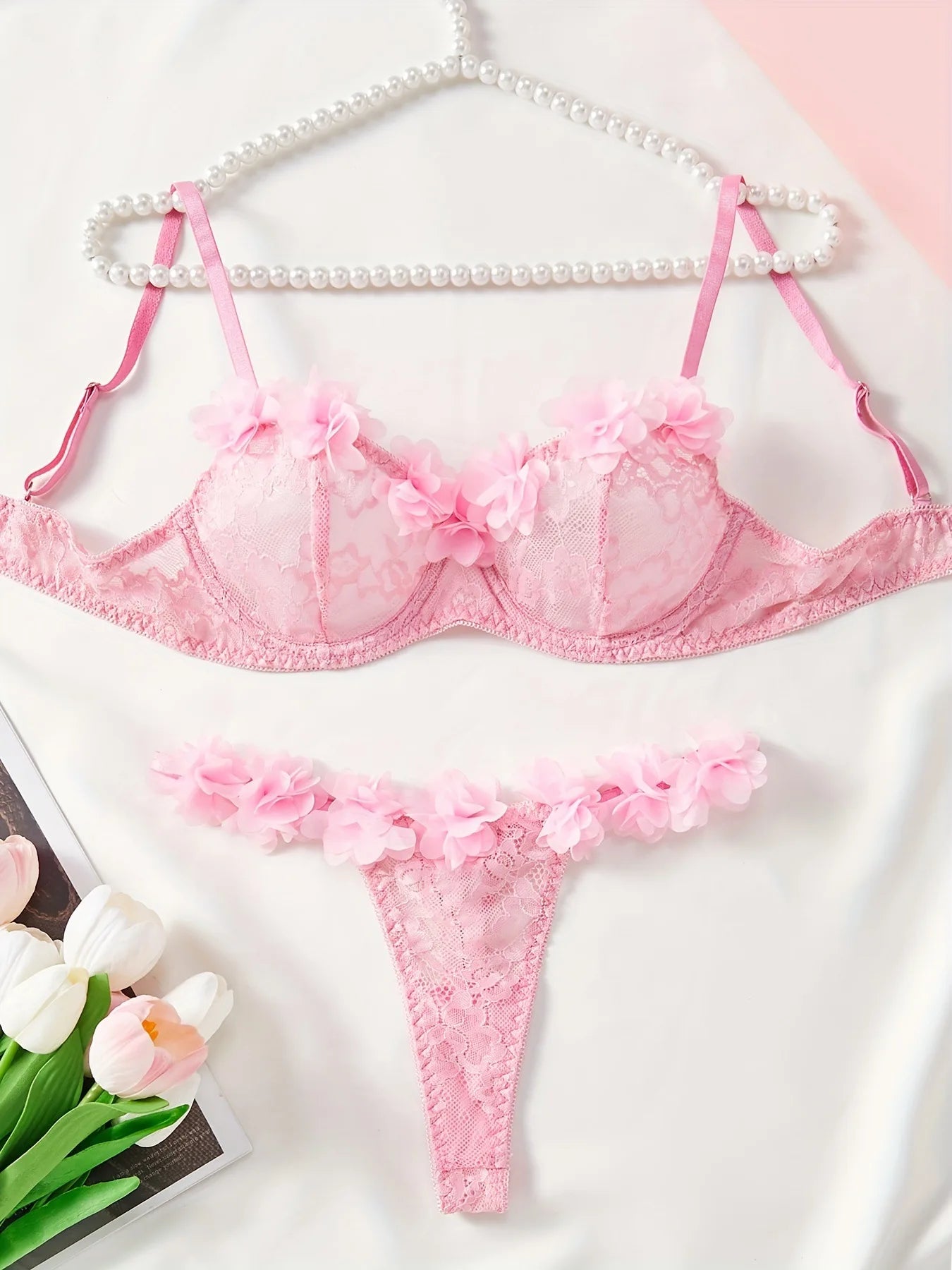 Lingerie Set 2PC Lace Bralette Garter Belt Thong Pure Sexy Underwear Women Sheer Floral Embroidery Bra Panty Set Pink Red Outfit