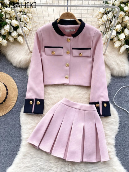 Color Block Cardigan & Pleated Skirt Set