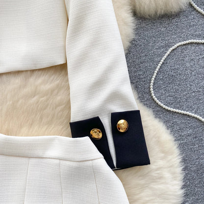 Color Block Cardigan & Pleated Skirt Set