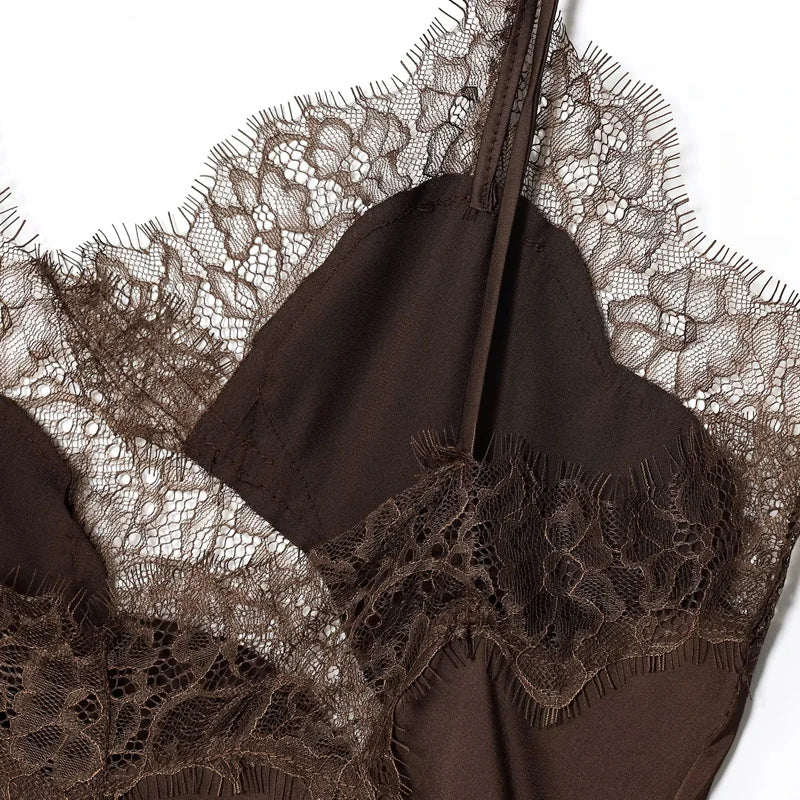 Black Satin Asymmetrical Lace Slip Dress