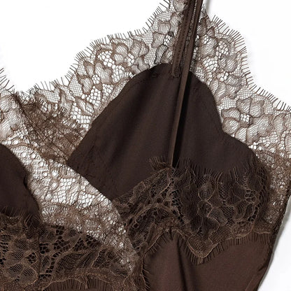 Black Satin Asymmetrical Lace Slip Dress