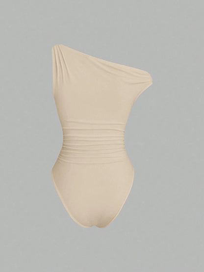 One-Shoulder Ruched Gold-Buckle Bodysuit