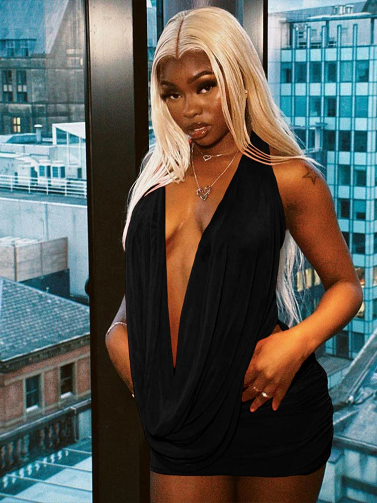 kliou Mesh Swinging Pleated Women 2 Piece Set Summer Solid Simple Halter Backless Chic Tops+Shirring Mini Skirts Coordinate Suit