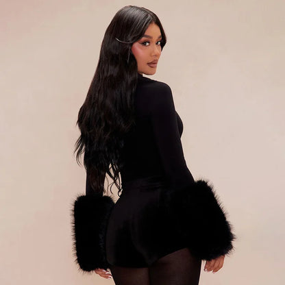 Fur Patchwork Long Sleeve 2-Piece Set