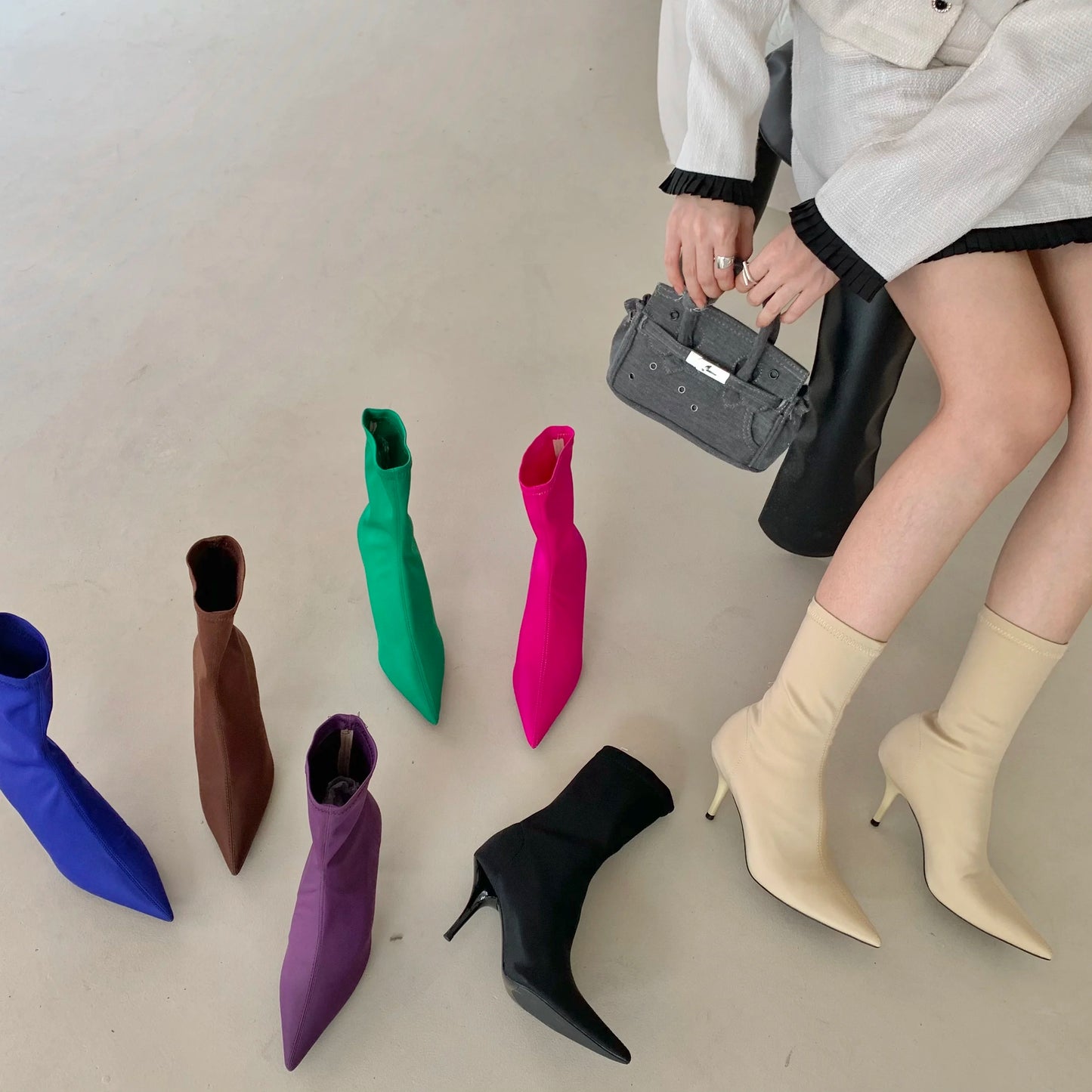 Eilyken Candy Colors Stretch Fabric Ankle Boots For Women Pointed Toe Fashion  Short Booties Spring Autumn Thin High Heels Shoes