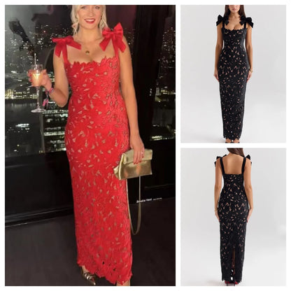 Black Embroidery Lace Dress Bow Strap
