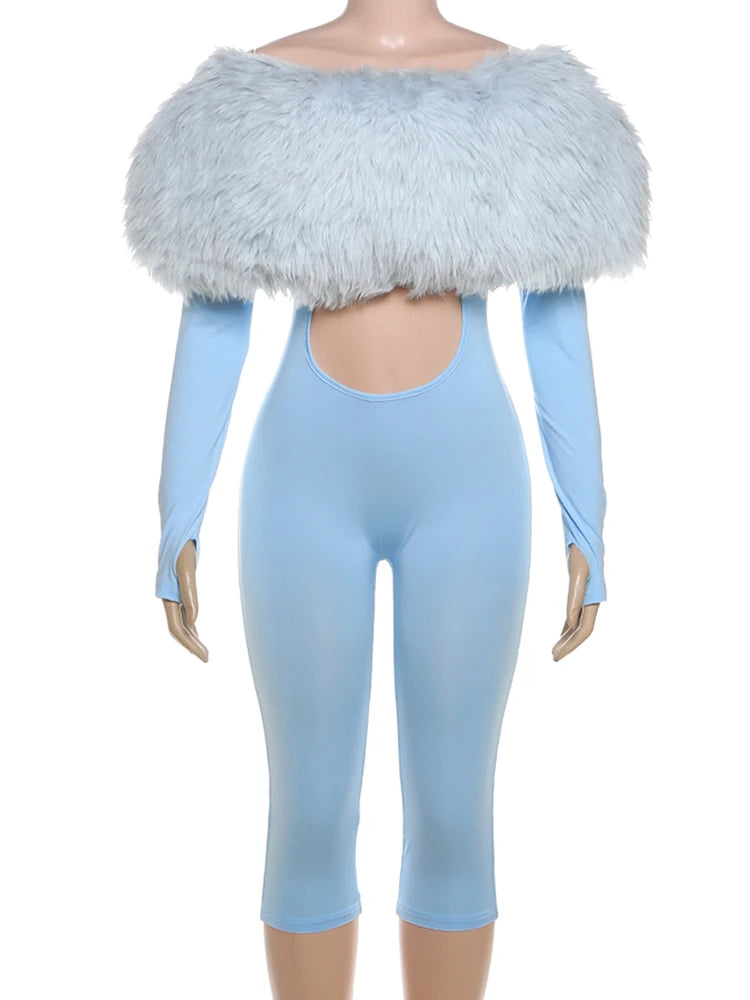 Weird Puss Furry Slash Neck Jumpsuit Woman Sexy Hollow Patchwork Full Sleeve Backless Skinny Hottie Street Autumn New Overalls
