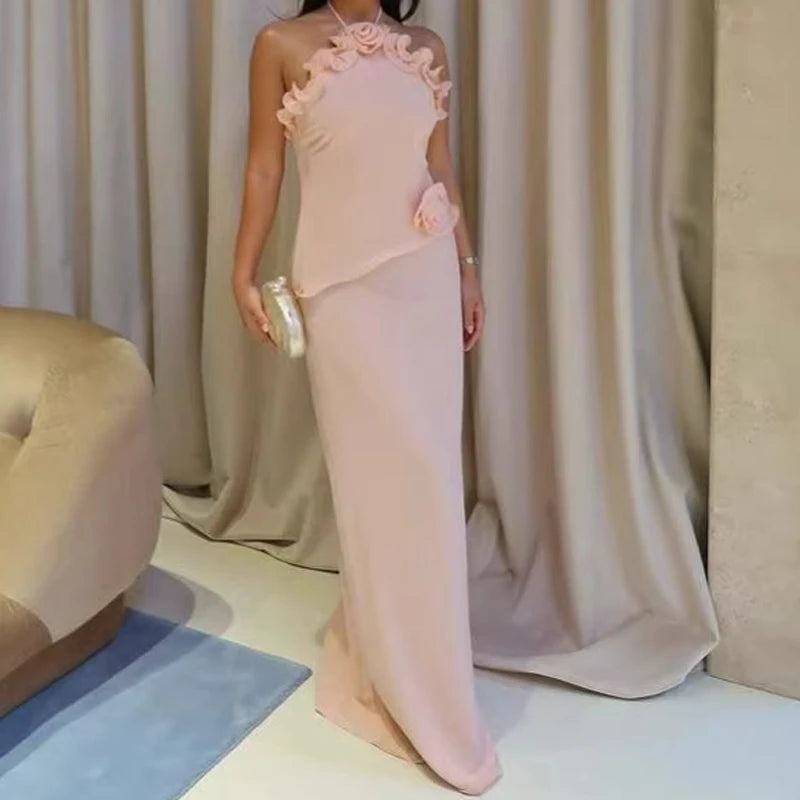 Dimensional Flower Solid Evening Dress Sleeveless