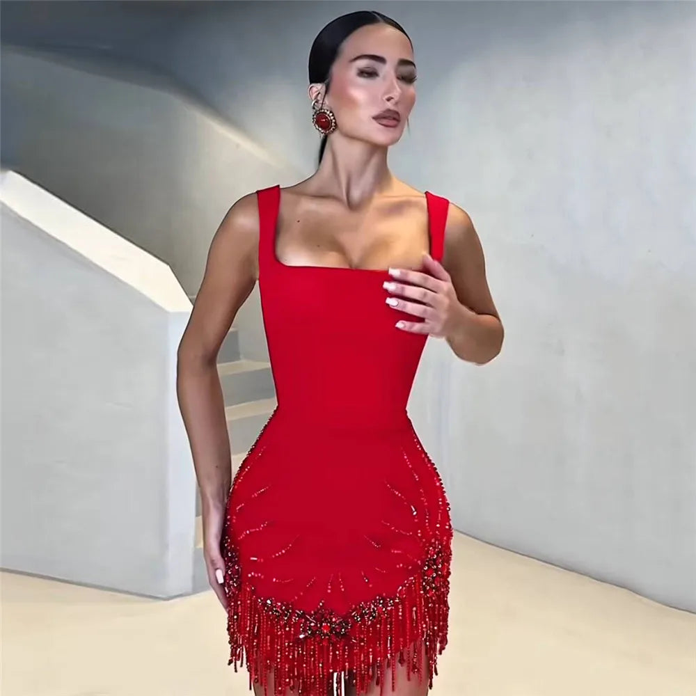 Sleeveless Bandage Dress Beading Tassel Clothes