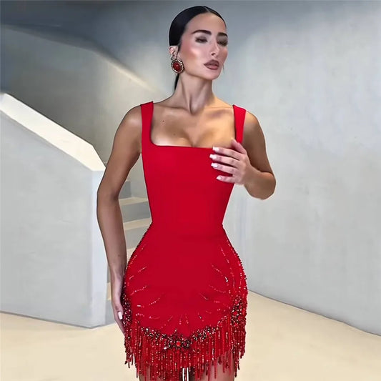 Sleeveless Bandage Dress Beading Tassel Clothes