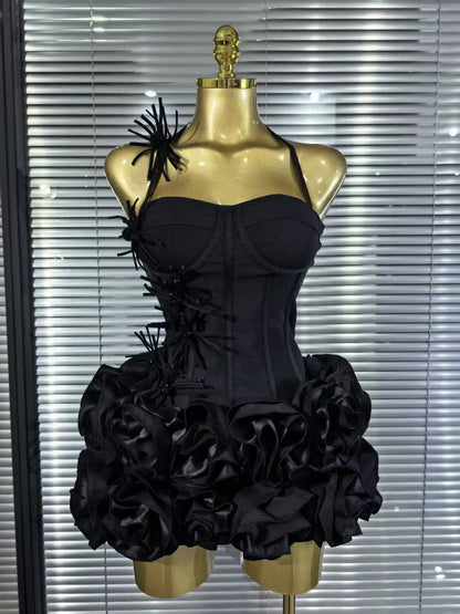 Black Red Halter Full Florals Set