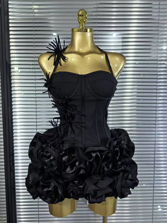 Black Red Halter Full Florals Set