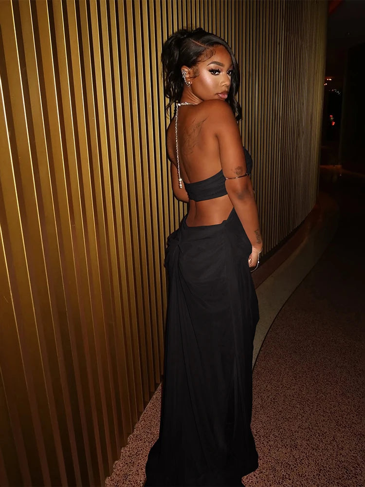 Nibber Prom Party Gown Dress Woman Sexy See Through Luxury Chain Halter Low-Neck Backless Sleeveless Midnight Elegant Vestidos