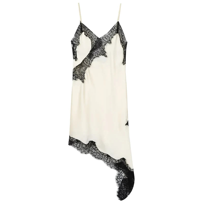 Black Satin Asymmetrical Lace Slip Dress