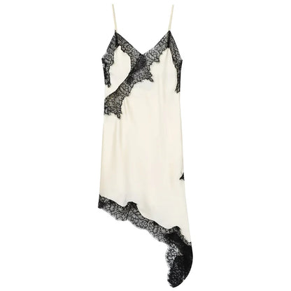 Black Satin Asymmetrical Lace Slip Dress