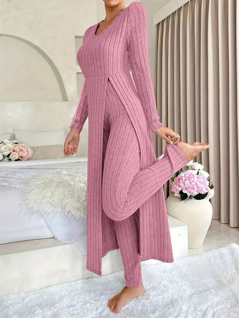 Solid Round Collar Slit Top and Trousers Set