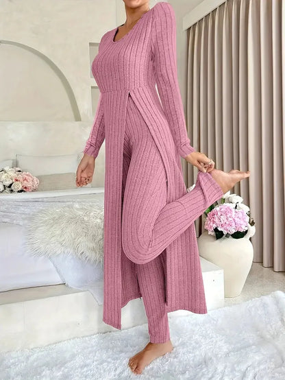 O-Neck Split Top & Slim Trousers Lounge Set
