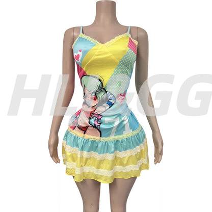 HLJ&GG Y2K Lace Splicing Bodycon Spaghetti