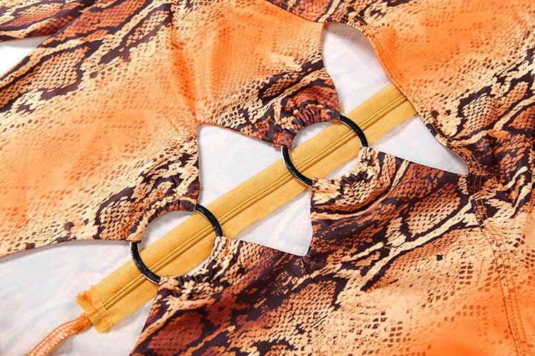 Weird Puss Snake Print Jumpsuit Woman Sexy Cirque Hollow Full Sleeve Skinny Fitness Midnight Clubwear Party Coquette Overalls