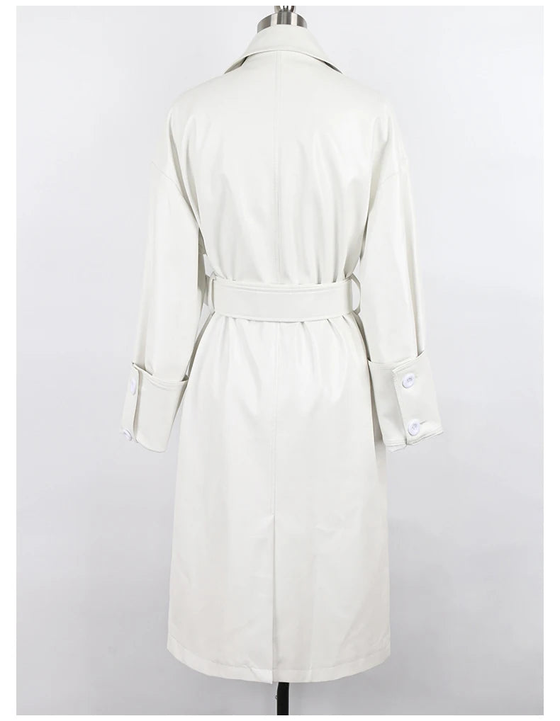 Lautaro Long oversized leather trench coat for women long sleeve lapel loose fit Fall Stylish black women clothing streetwear