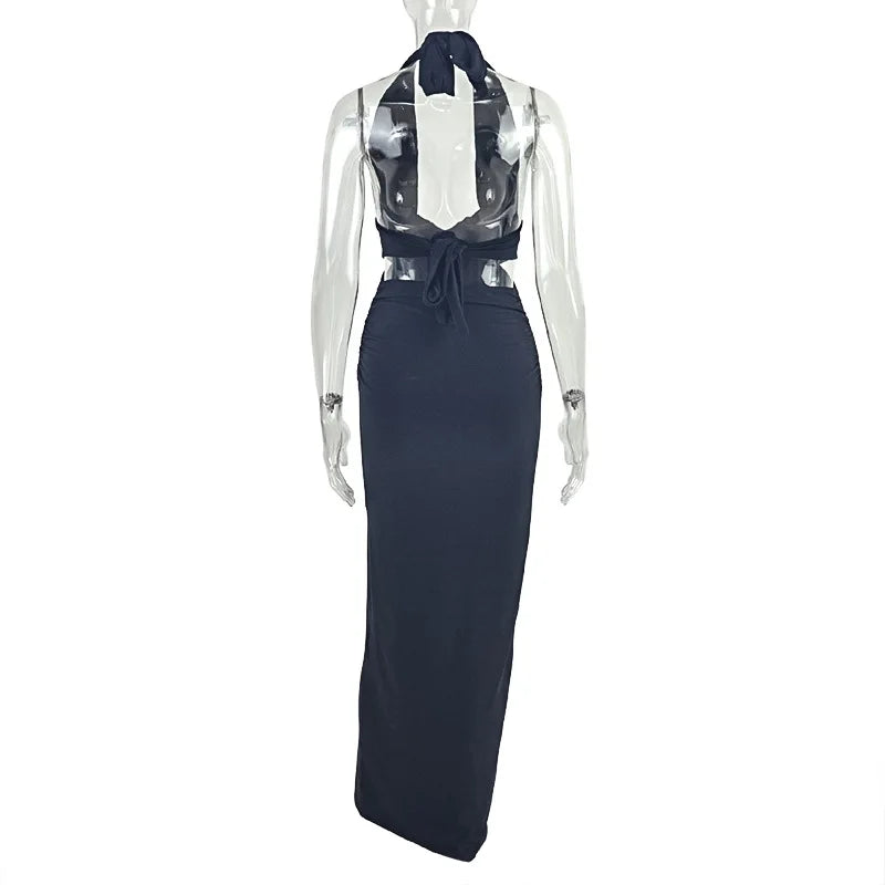 Halter Deep V-Neck Backless Bodycon Maxi Dress