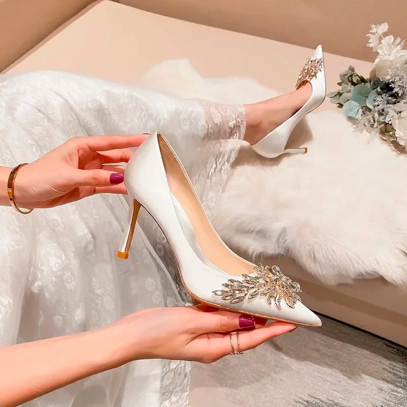 2024 Spring Summer Autumn New Wedding Shoes Red High Heels  Slim Heels Korean Version Pointed Toe Bride Shoes High Heels