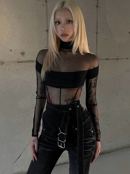 Mesh Patchwork Long Sleeve Sheer Bodysuit