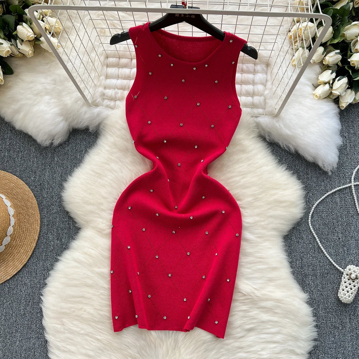 Beading Knitting Sheath Tank Dress Bodycon