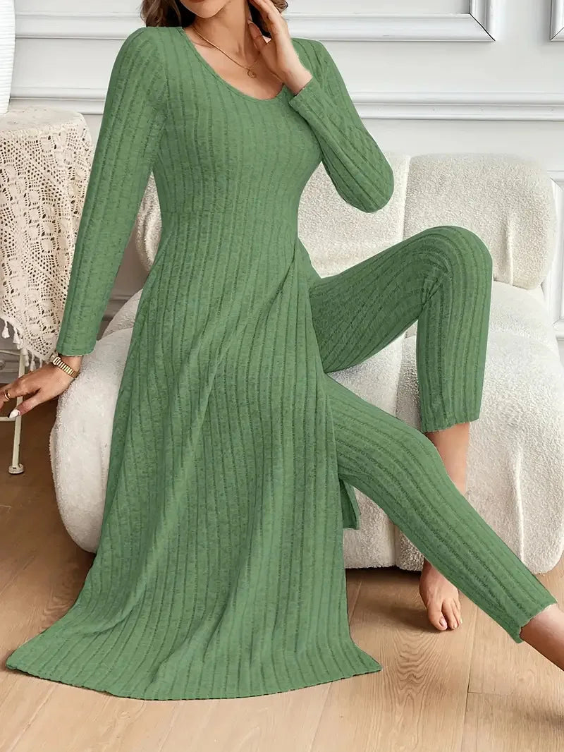 Solid Round Collar Slit Top and Trousers Set