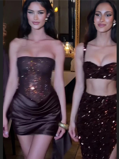 Sequin Patchwork Strapless Ruched Bodycon Dress