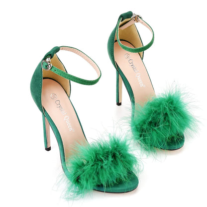 Crystal Queen Sandals Fluffy Peep Toe