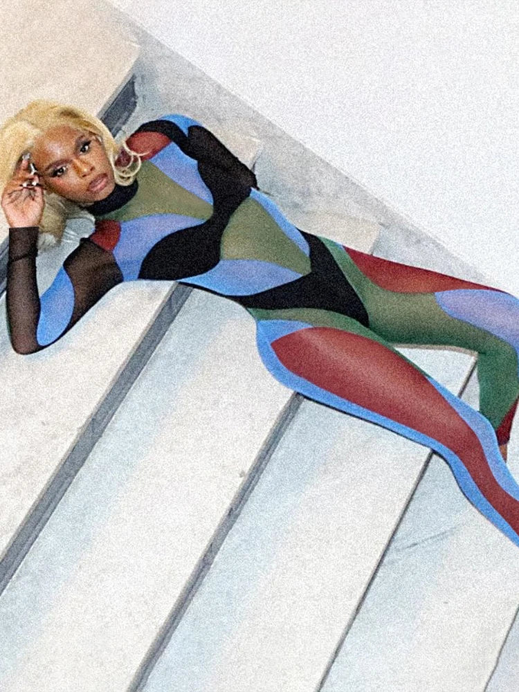 Nibber Colorful Print Jumpsuits Woman Turtleneck Full Sleeve Sexy See Through Skinny Peach Hip Hottie Street Fashion Overalls