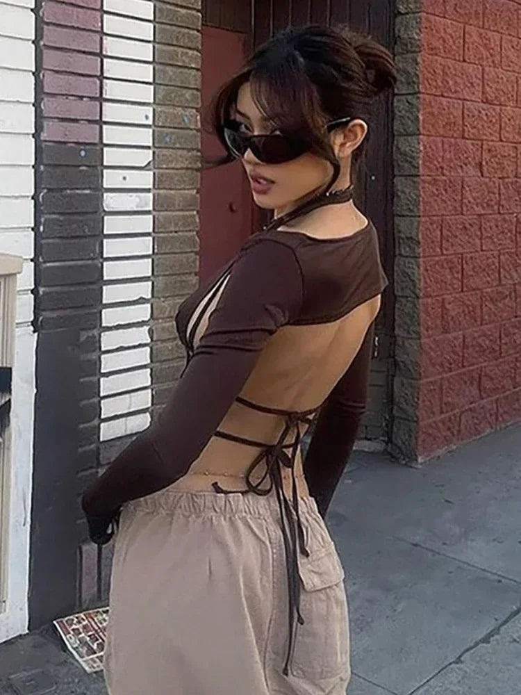 2025 New Dark Y2k Punk Drawstring Bandage Sexy Camis Techwear Backless Long Sleeve Crop Tops Women's Bodycon Summer Streetwear
