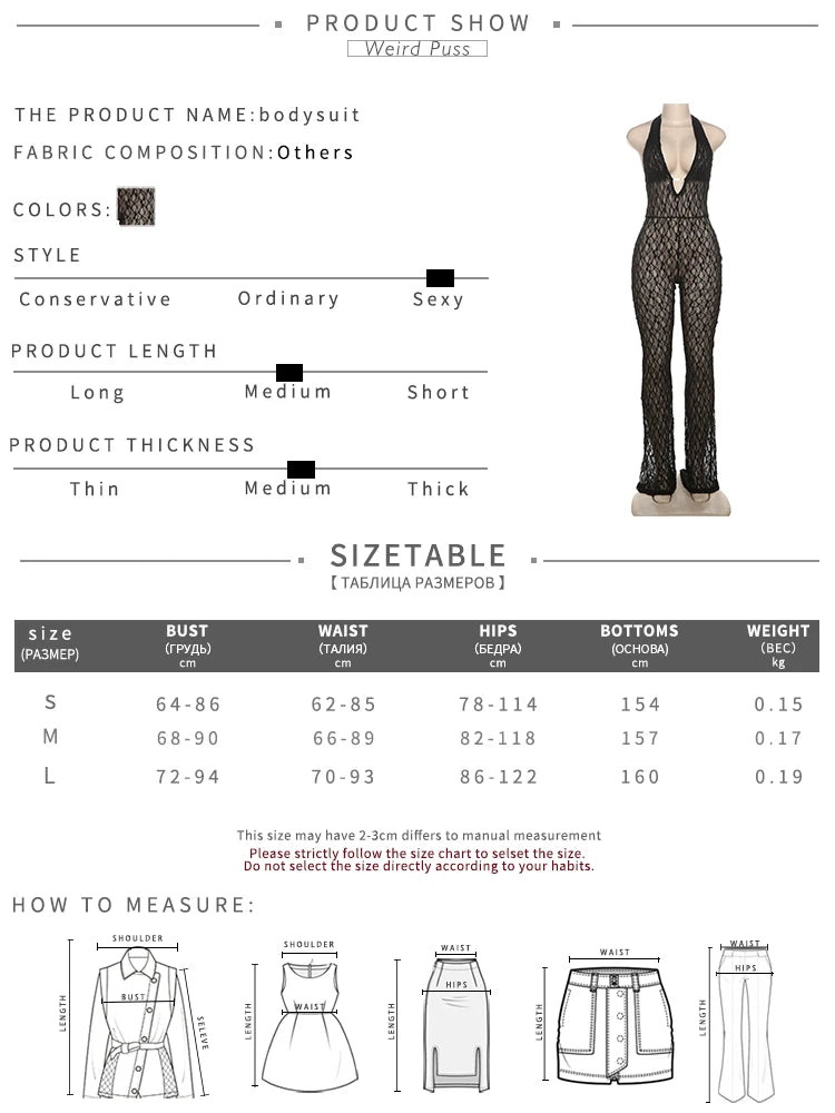 Weird Puss Sexy Mesh Halter Jumpsuit Women Backless Skinny Low-Neck Midnight Birthday Party Clubwear Activity Workout Overalls