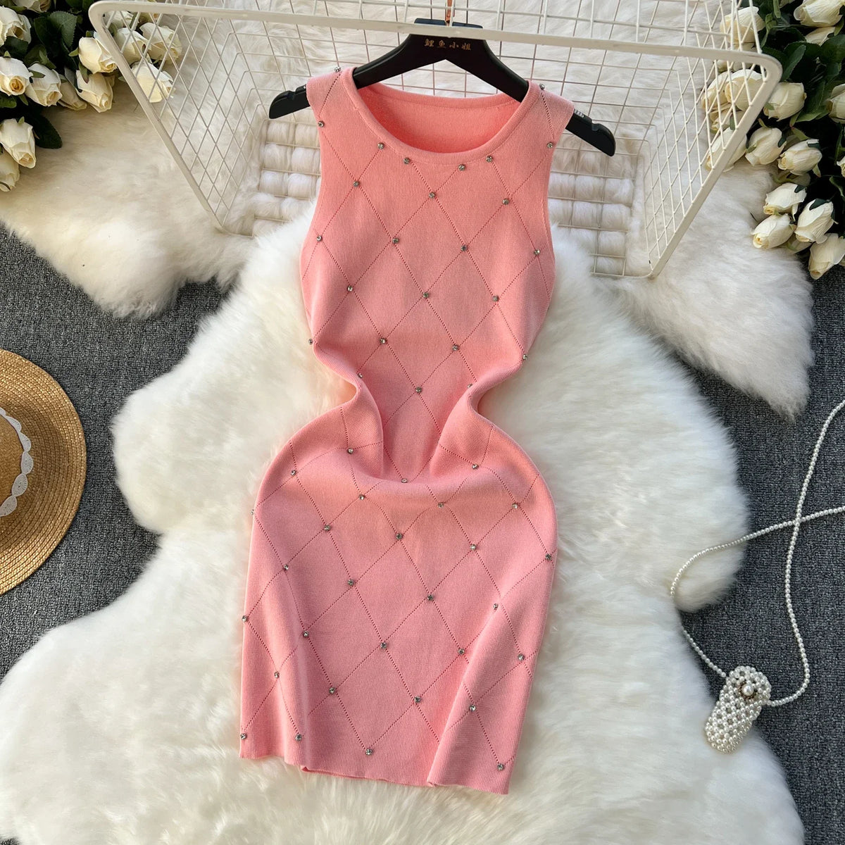 Beading Knitting Sheath Tank Dress Bodycon