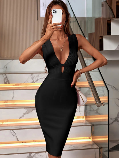 Black Midi Suspender Bodycon Bandage Dress