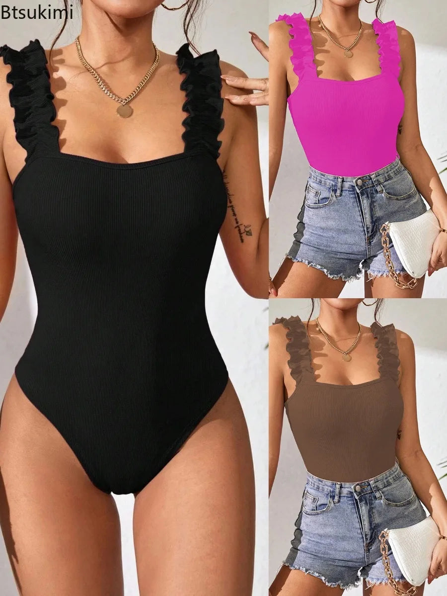 Bodysuits Square Collar Solid Black Knit