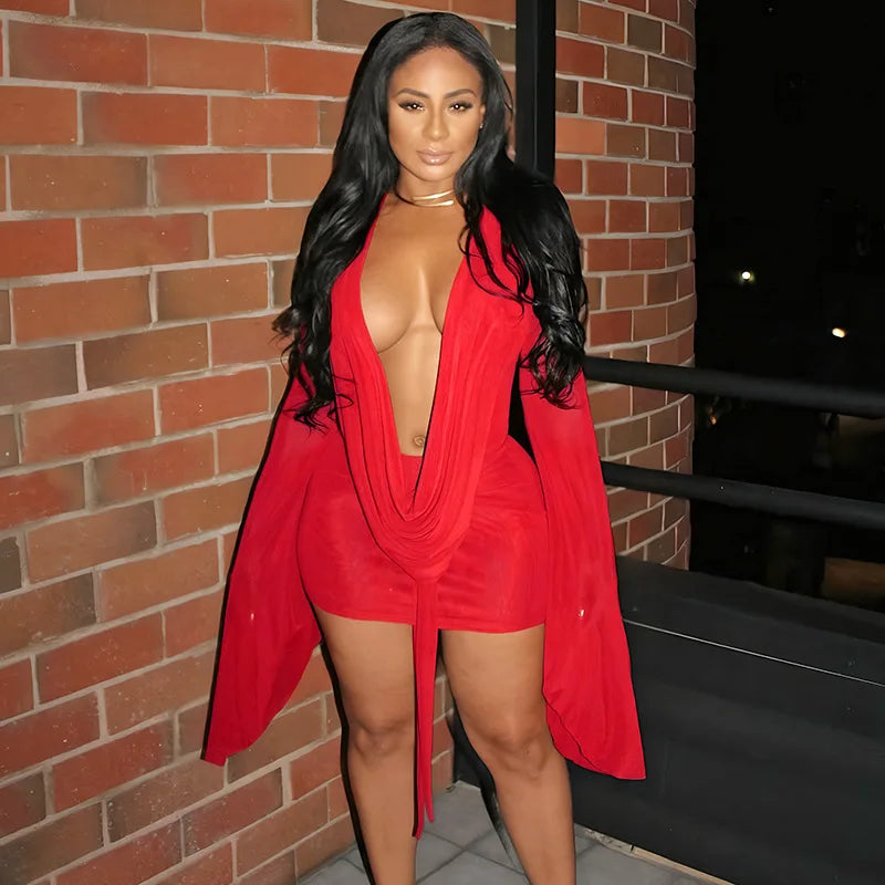 Women Sexy See Through Mesh Mini Dress Deep V-neck Lace Up Backless Flare Long Sleeve Ribbon Party Clubwear Holiday Outfits