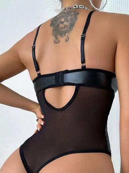 Faux Leather Deep V Backless Bodysuit