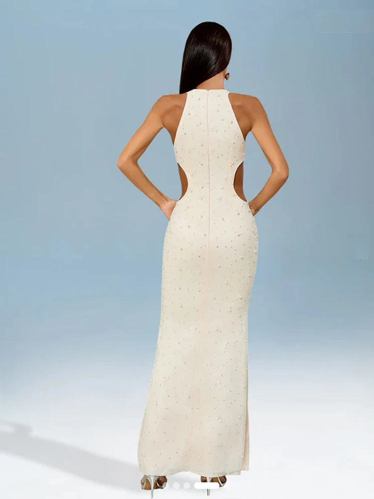 PB Elegant Beige Beaded Cut-Out Pearl Long Dresses Sexy Sleeveless High Waist Slim Party Evening Gown Vestidos