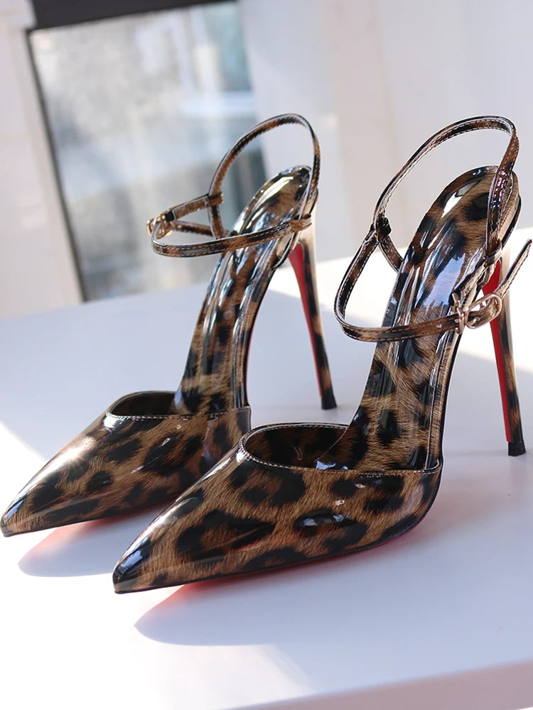 Red background leopard print high-heeled sandals