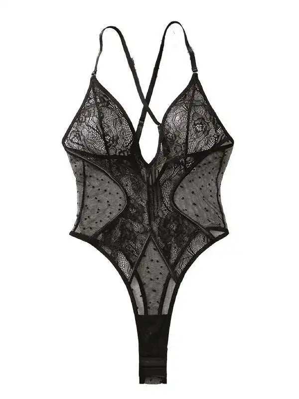 Floral Embroidered Deep V Mesh Bodysuit